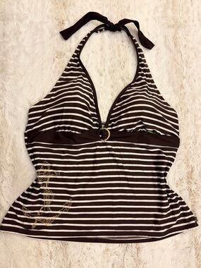 🤎 Nautica Brown White Nautical Stripe Halter Tankini Top Anchor Y2K Coastal Euro